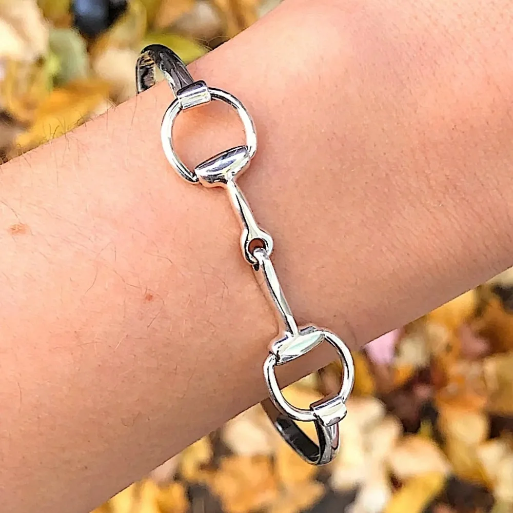 Sterling Silver HorseBit Design Unisex Bangle Bracelet - Picture 8 of 11